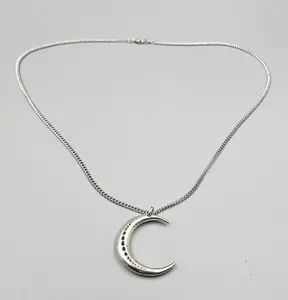 Handcrafted Moon Phased Crescent Moon 25" Necklace Silver Tone Rhodium Over Stainless Steel Cable-Link Chain Ideal for Daily Wear