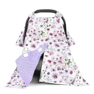 VVH Baby Car Seat Cover, Soft Minky Warm Winter Car Seat Canopy for Infants & Toddlers, Opening with Adjustable Strap, Breathable Nursing Cover & Stroller Blanket, Purple Flowers (Fits Most Car Seats)