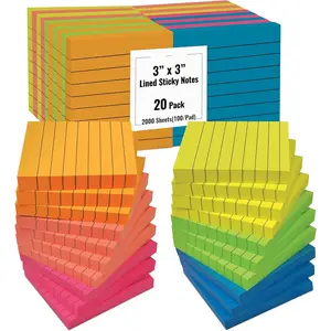 Lined Sticky Notes 3 x 3, 20 Pack Box, 2,000 Sheets (100/Pad), Self Stick Notes with Lines, Bright Assorted Colors,  Memos,  Adhesive, 20 Pads in Box