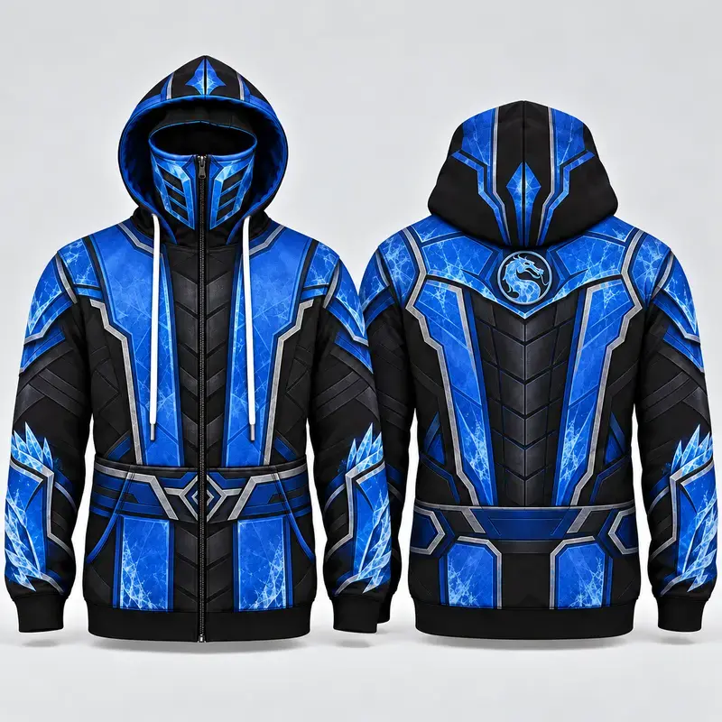 Mortal Kombat Sub-Zero Men’s Zip-Up Hoodie, Blue Black Ninja Armor Graphic Sweatshirt, All-Over Print Gamer Cosplay Jacket