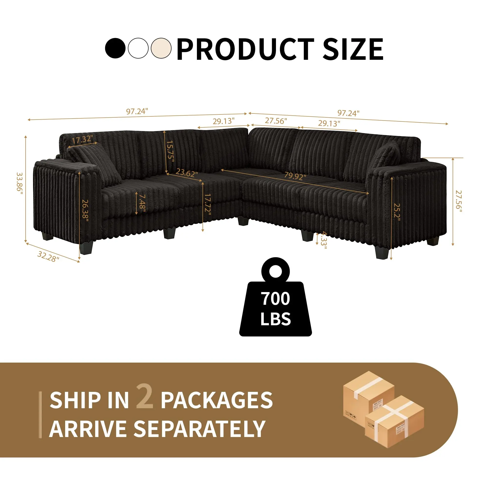 Black Plush Corduroy Corner V Shape Sofa