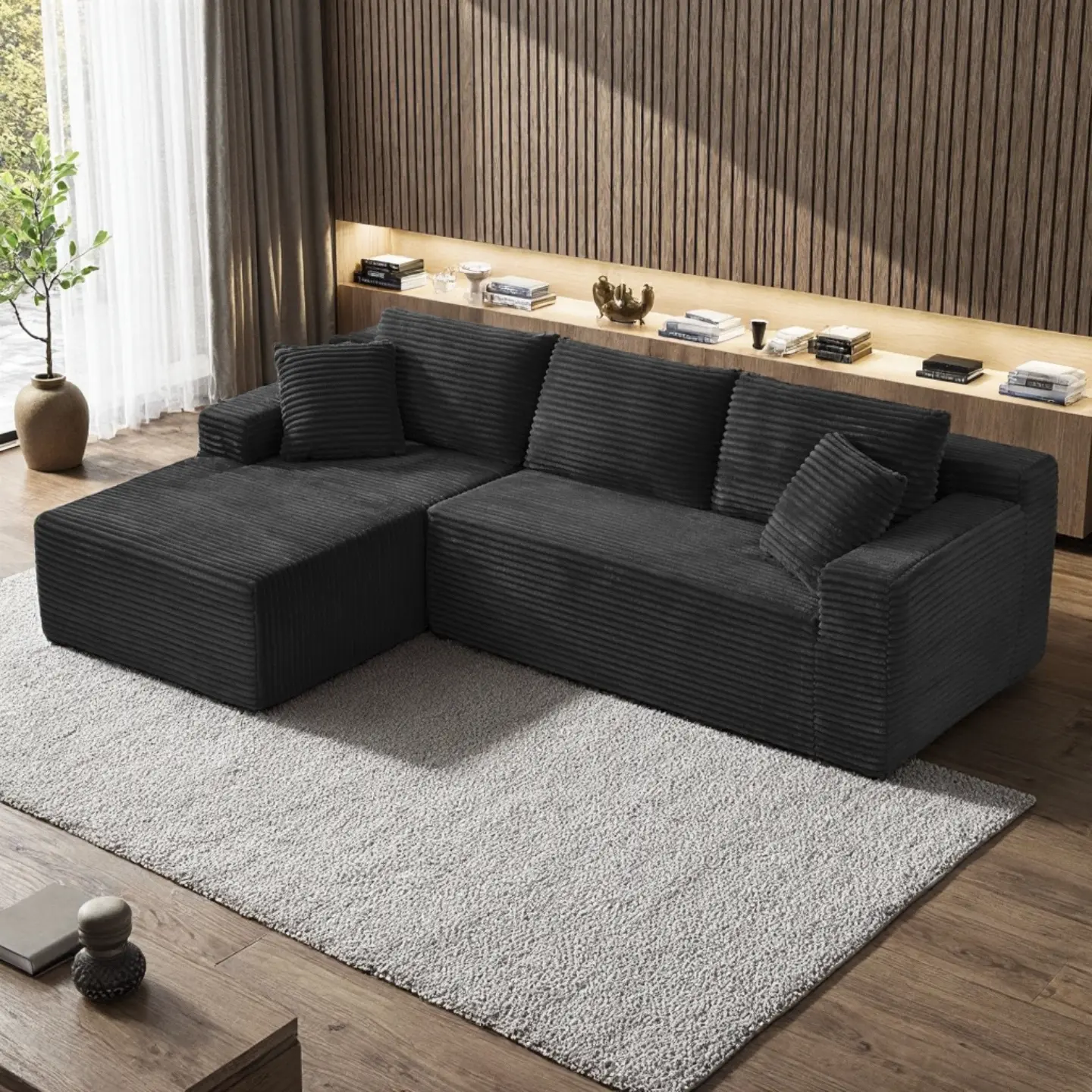 Luxury Cloud Corduroy Upholstered L-Shaped Modular Sectional Sofa - Deep Seat Convertible Sleeper Couch, 0% Assembly, Claws Won’t Snag, Durable Easy Clean Fabric, Modern Oversized Lounge Furniture for Living Room