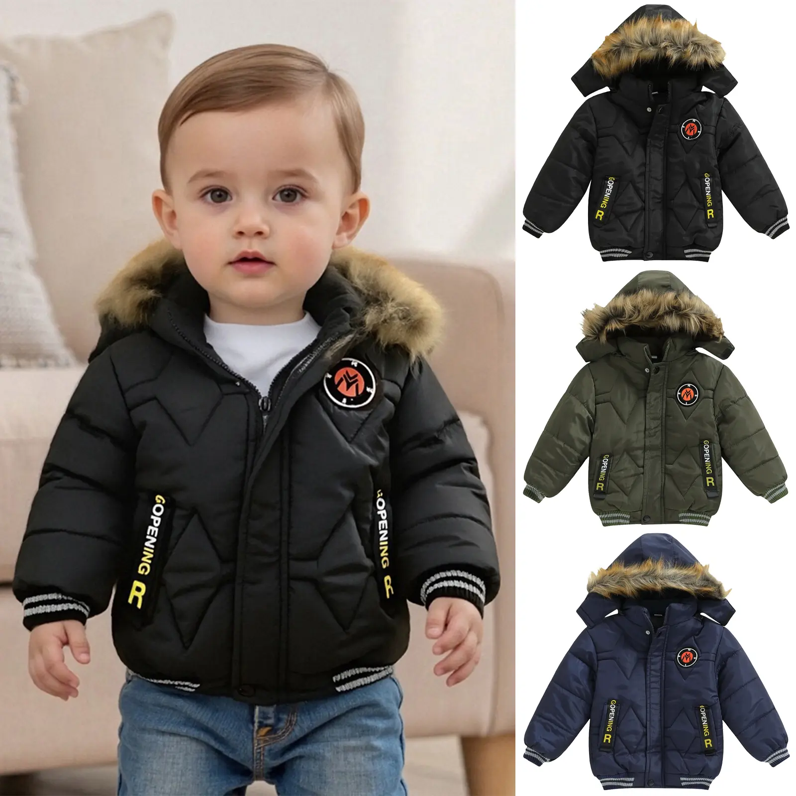 FOCUSNORM Toddler Boys Down Jacket Winter Jacket Hooded Thickened Warm Snowsuit Coat Parka Outerwear 2-5T