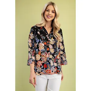 Gigio Bold Floral Print Top 3/4 Sleeves - Black
