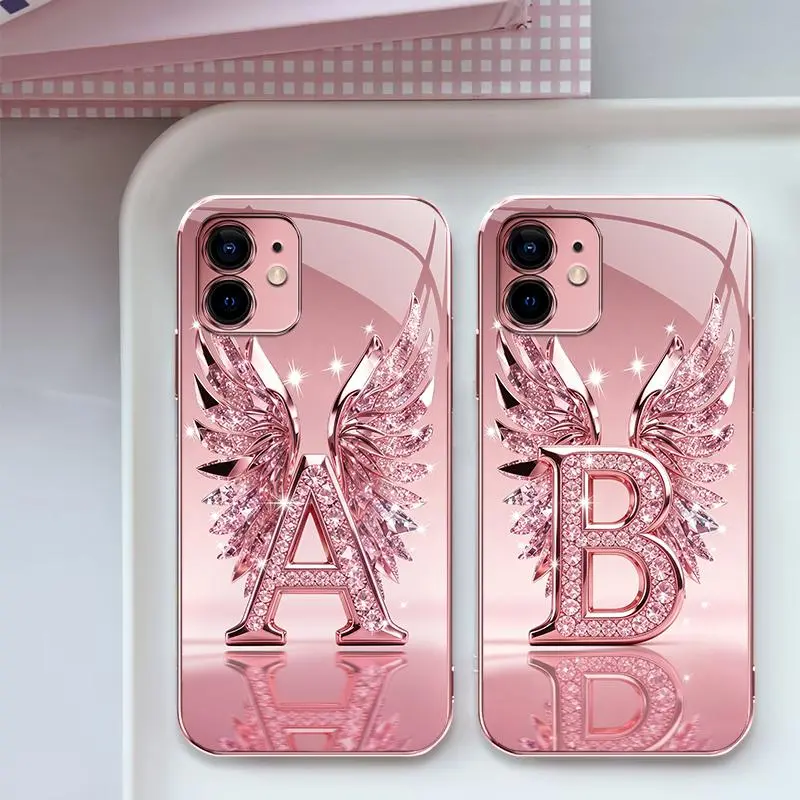 Suitable for [iPhone 12 ] Luxury Rose Pink Angel Wings Monogram Phone Case | Personalized A-Z Initial Electroplated Glass Protective Cover | Scratch Resistant • Shockproof Protection | Cute Aesthetic Gift for Her -JS996