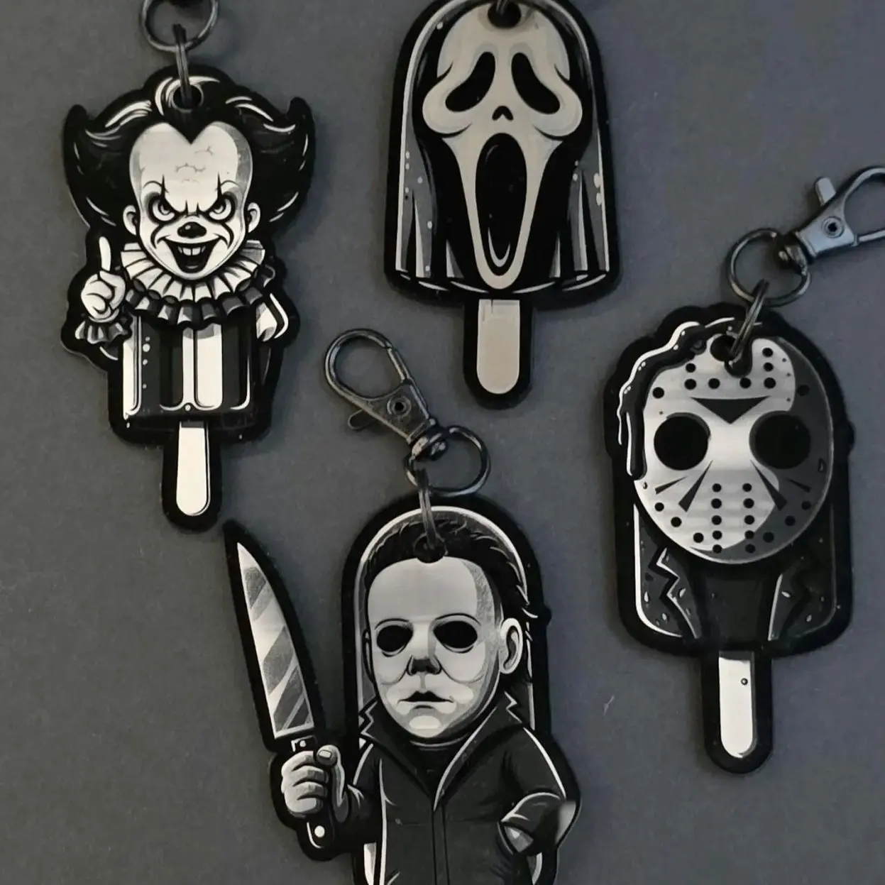 Horror Popsicle Keychain, Engraved Black Acrylic, Slasher Movie Charms. Scream, Jason, Pennywise, Michael