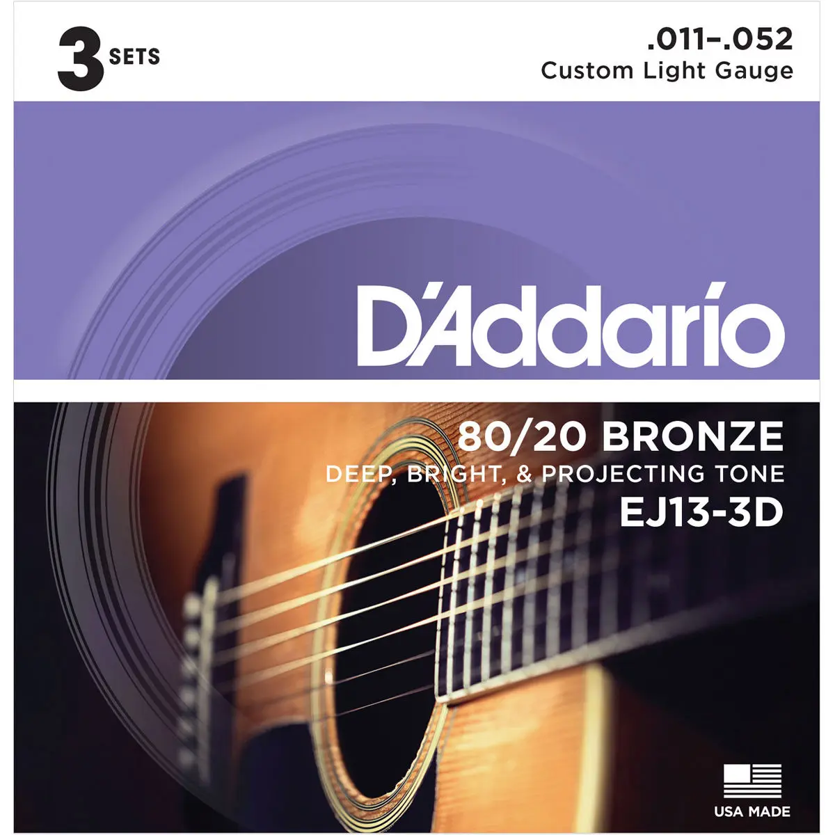 D'Addario EJ13 80/20 Bronze Acoustic Guitar Strings Set, Custom Light, 11-52 Gauge, 3-Pack