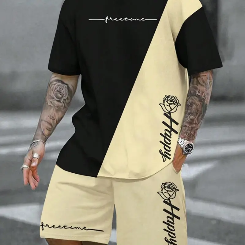 Men's Two-Piece Regular Fit Set, Rose and Letter Print Short Sleeve Tee and Drawstring Waist Track Shorts, Casual Round Neck Summer Outfit
