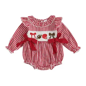 Football Baby Girl Outfit Infant Plaid Bubble Romper Onesie Football Embroidery Jumpsuit Cute Fall Winter Clothes