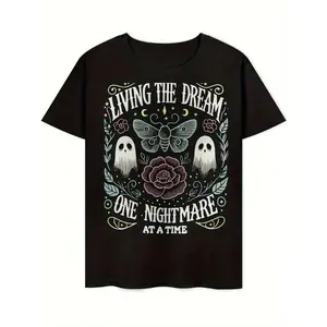 Men's Gothic T-Shirt - Vintage Horror Floral Tee with Skeleton, Loose Fit Crewneck Top for Halloween, Concerts & Everyday Dark Academia Style - All-Season Non-Stretch Cotton Shirt, Oversized Menswear