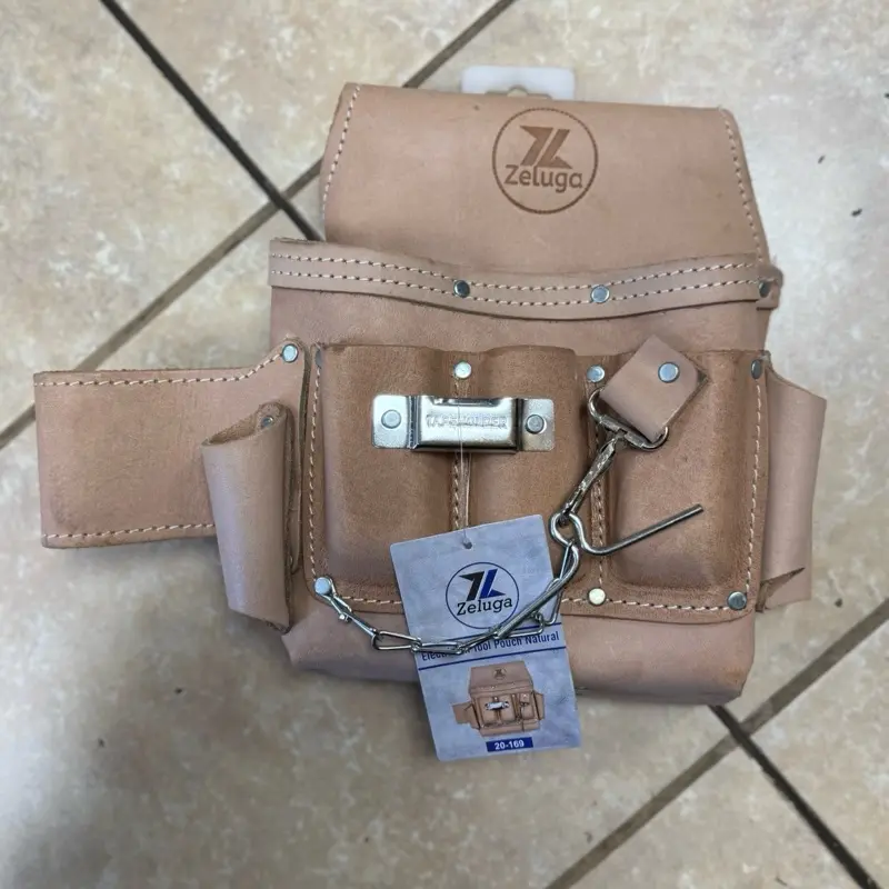 ZELUGA Leather Electrician's Tool Pouch, 6 Total Pockets, 4 Open Side Pockets, Natural Finish, Metal Tape Clip