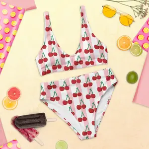 Cherry Recycled high-waisted bikini Retro Coquette bikini cherries preppy swimwear Retro swimwear cherries pattern bikini Vintage bikini