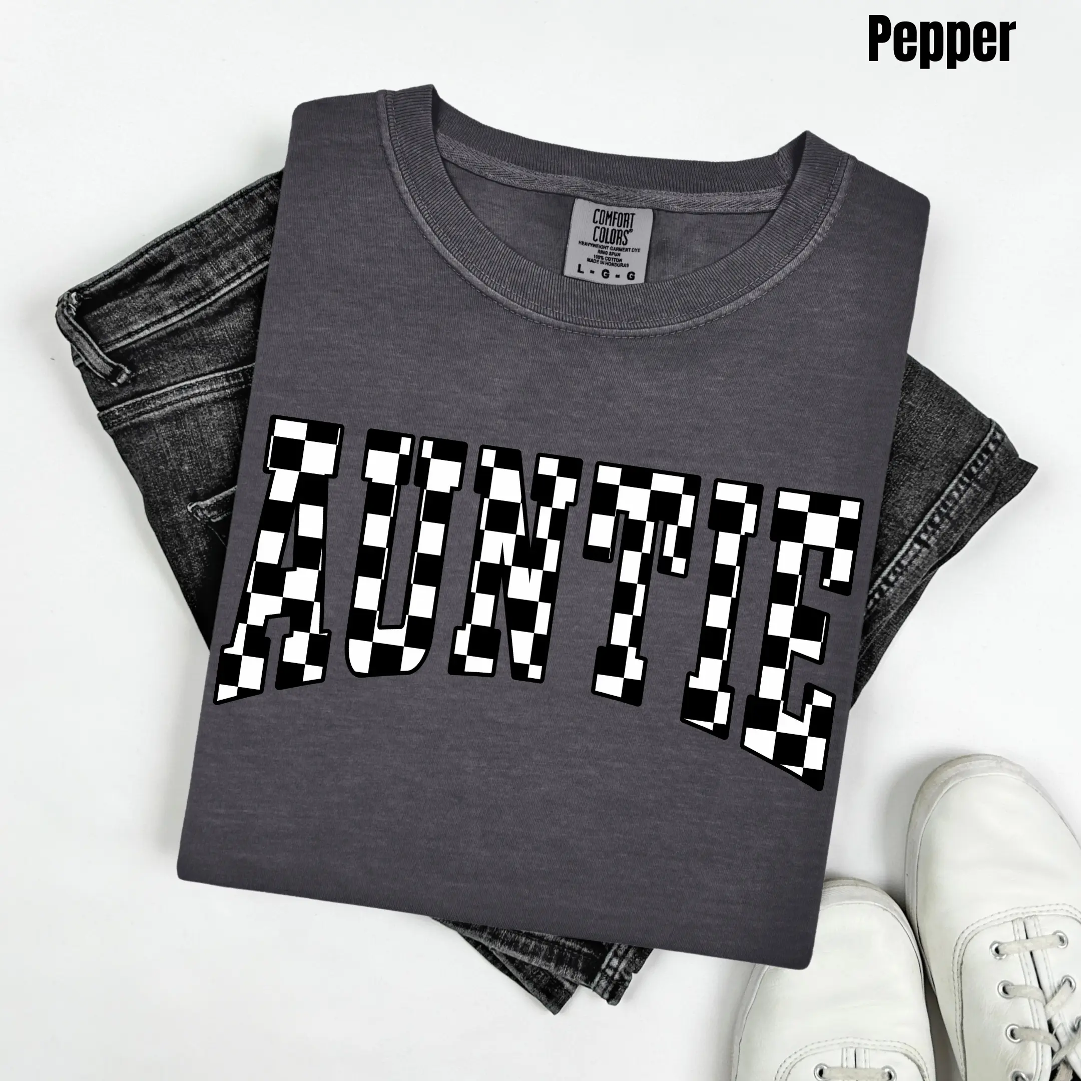 Auntie Black Checker Comfort Colors T-Shirt 'NLB'
