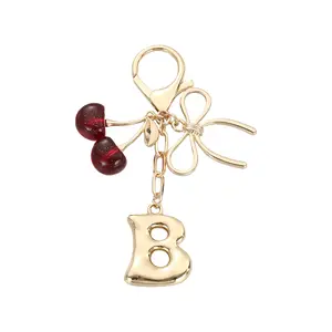 Personalized Bubble Letter Cherry Bow Keychain (26 Initials) - Girl's Casual Bag/Car Key Accessory