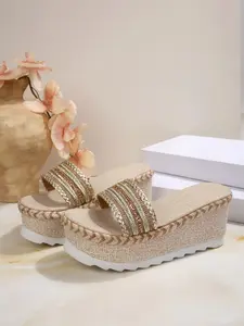 Boho Style Thick Sole Sandals, High Heel Design, Rhinestone Detail, Comfortable Waterproof Platform, Perfect for Summer Beach Outings