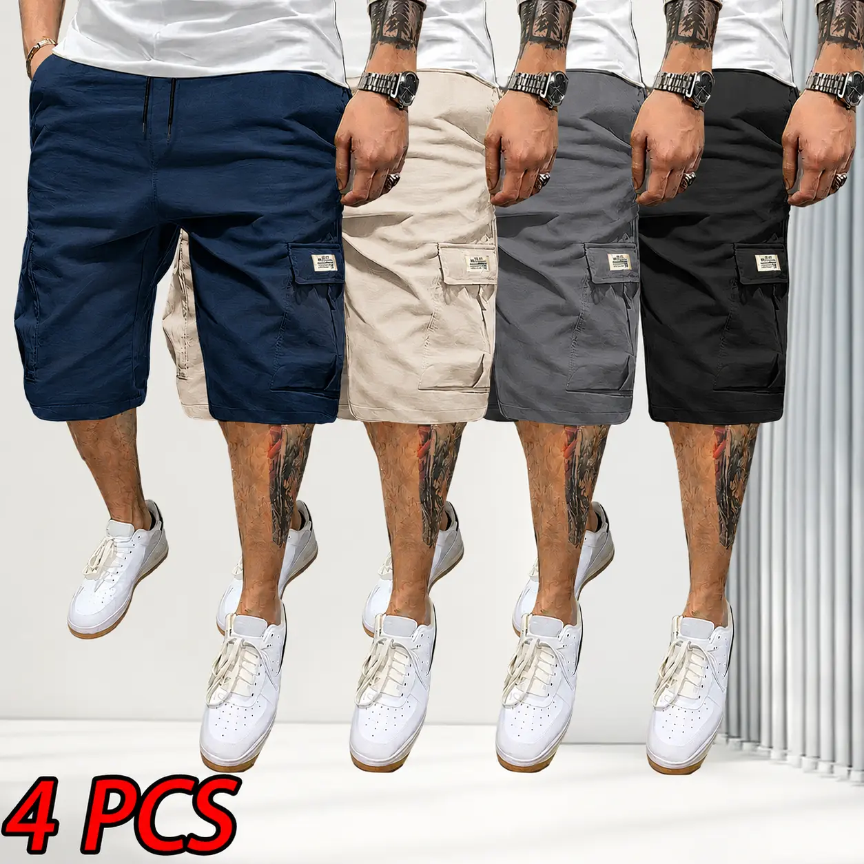Men's 4-Piece Fitted Matching Shorts Set - Casual Summer Drawstring Color-Mixed Shorts,100% Polyester Fit Lightweight , Slanted Multipocket, Versatile Everyday Wear  Brown, Black, Green, Pink, Color-Mixed Men's Shorts,  Men's Shorts fathersdaygift,
