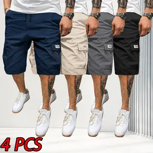Men's 4-Piece Fitted Matching Shorts Set - Casual Summer Drawstring Color-Mixed Shorts, Lightweight Breathable, Slanted Multipocket, Versatile Everyday Beach Gym Wear Brown, Black, Green, Pink, Color-Mixed Men's Shorts, Fitted Men's Shorts fathersdaygift