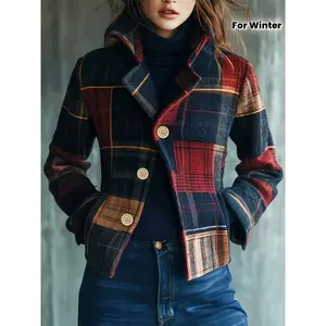 Women’s Vintage Plaid Jacket – Two-Button Front Closure, Non-Stretch Fabric (Button-Front Design), Autumn/Winter Coat in Red/Black/Beige/Blue/Brown, Machine-Washable Retro Outerwear for Everyday & Formal Outfits