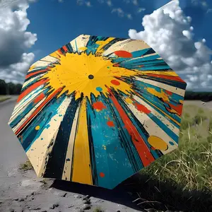 Comic Explosion Wind Resistant Foldable Automatic Umbrella Vintage Splatter Bold Colors, Functional Photo Prop, Portable 8 Ribs, Great Gift for Christmas & Valentine's Day