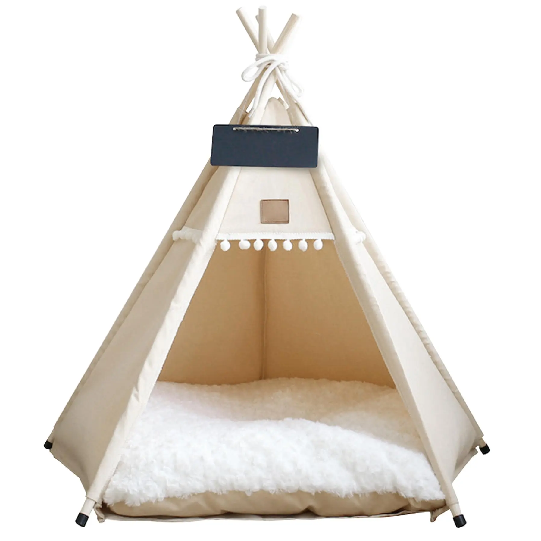 Comfortable Pet Cat Tent Dog House Bed With Thick Cushion - Perfect Resting Place For Indoor Deep Sleep Canvas Soft Puppy Conical Tent For Pets(Beige)