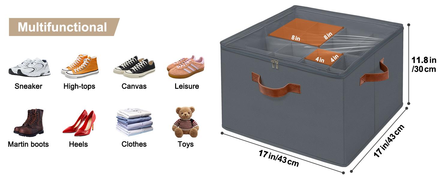 Foldable Fabric Upgrade Closet Shoe Organizer - 8-16 Pair Storage Box with Adjustable Dividers, See-Through Cover, Space-Saving Design for Sneakers, Boots & Back to School Use