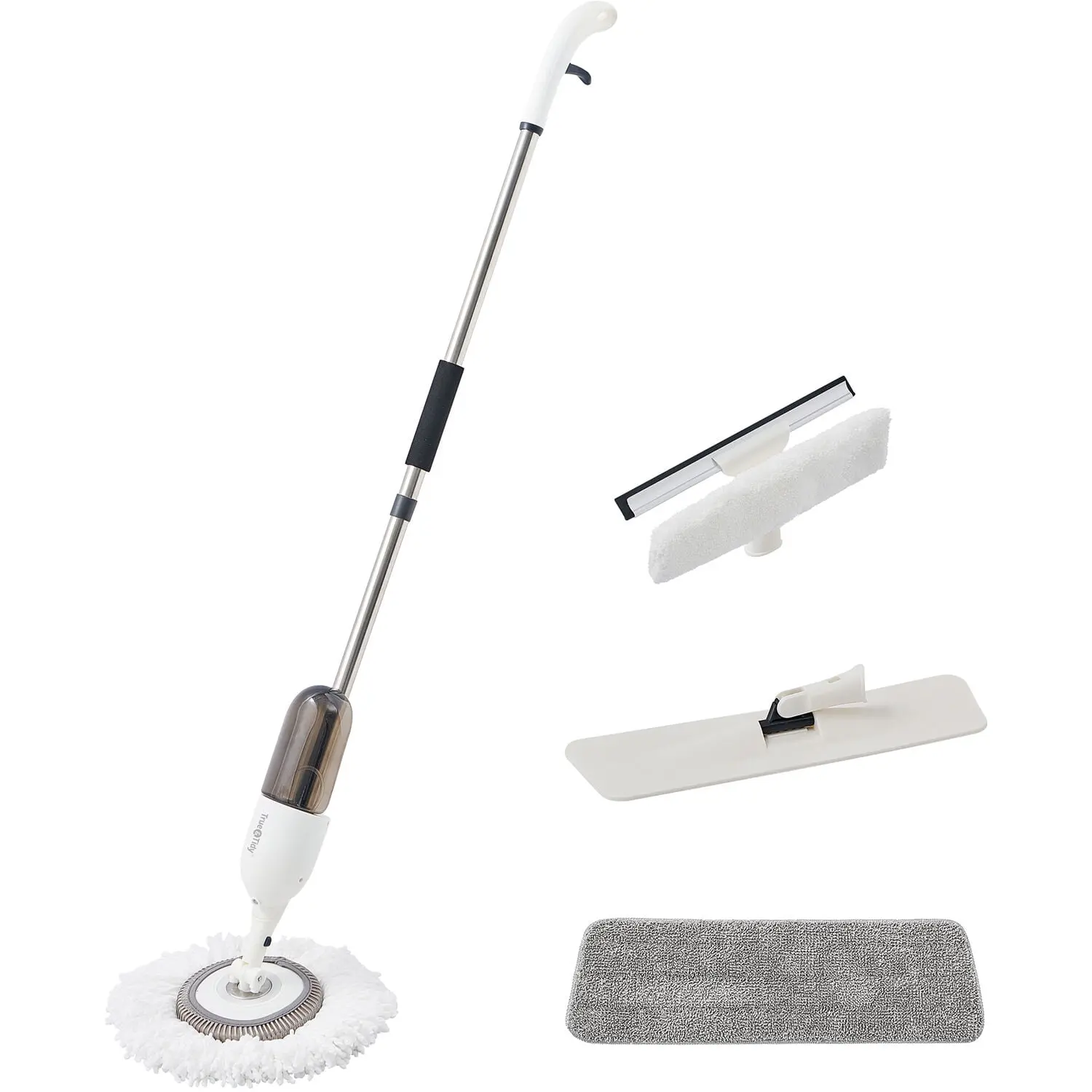 212 MAIN 3-Piece Microfiber Spray Mop Kit - Multifunctional Round Multi-Heads, Squeegee, White, 360-Degree Cleaning Coverage, Dry Mop for Home Use, Microfiber Mop