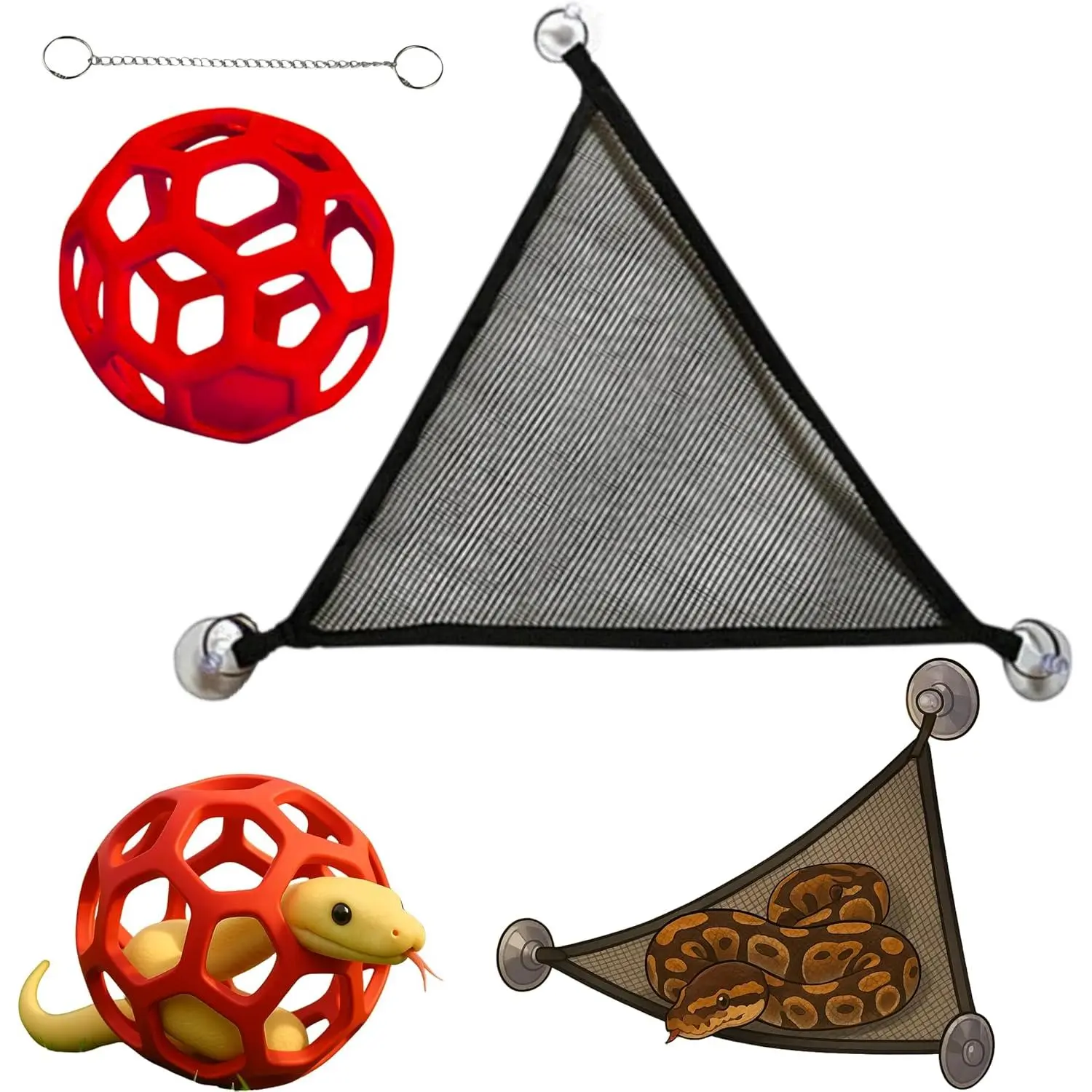 Snake Enrichment Toys Ball with Hammock, Jungle Gym Ball With Chain And Snake Hammock For Small Ball Python Corn Snakes, Reptiles Climbing Toy Hammock, Snake Climbing Accessories For Tank (Red, L)