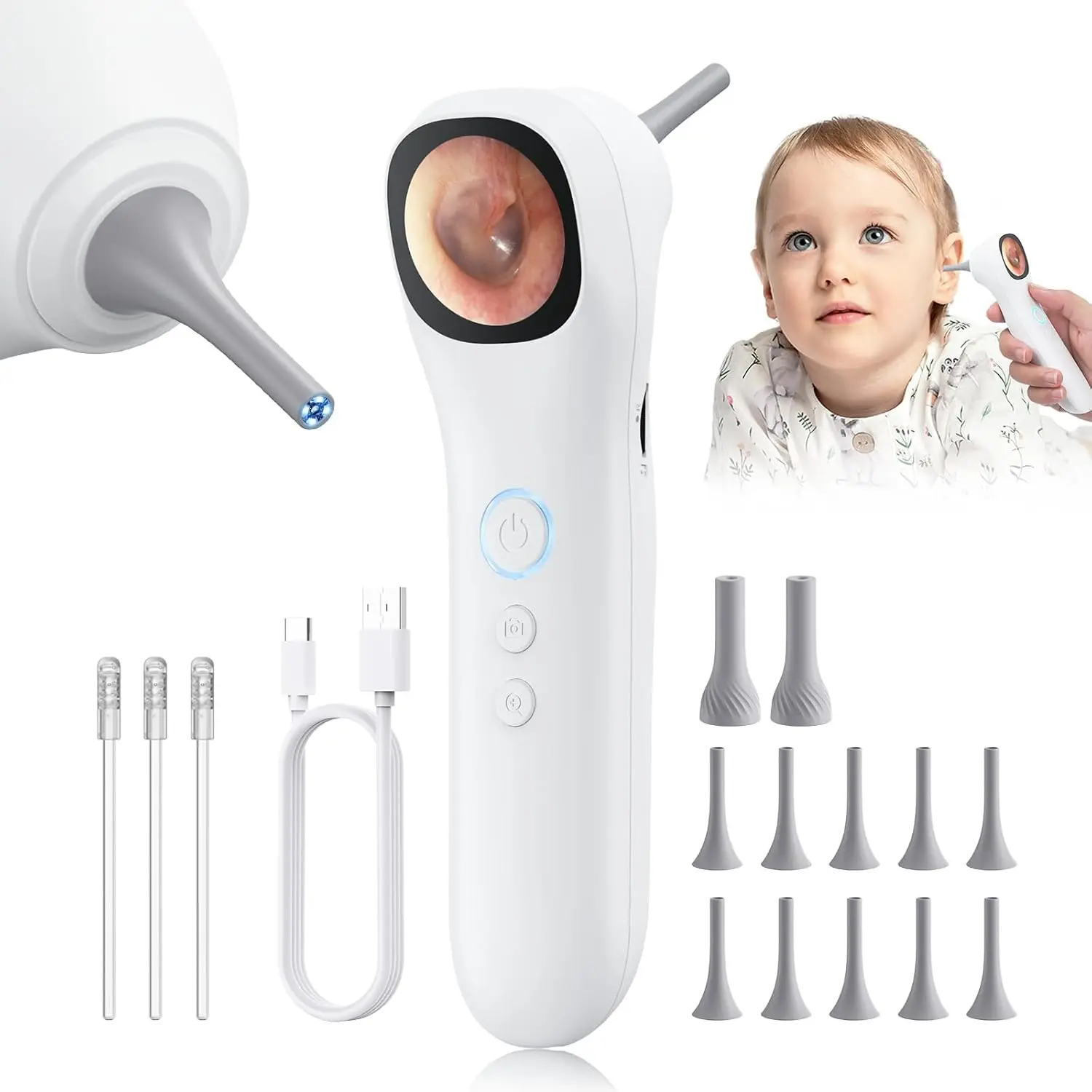 Smart Detector With IPS Screen 5- in-1 1080P HD Video Otoscope with Light Professional Ear Wax Removal Tool for Home Observation of Ear Nose Skin Oral Cavity Suitable for Kids Adults Pets