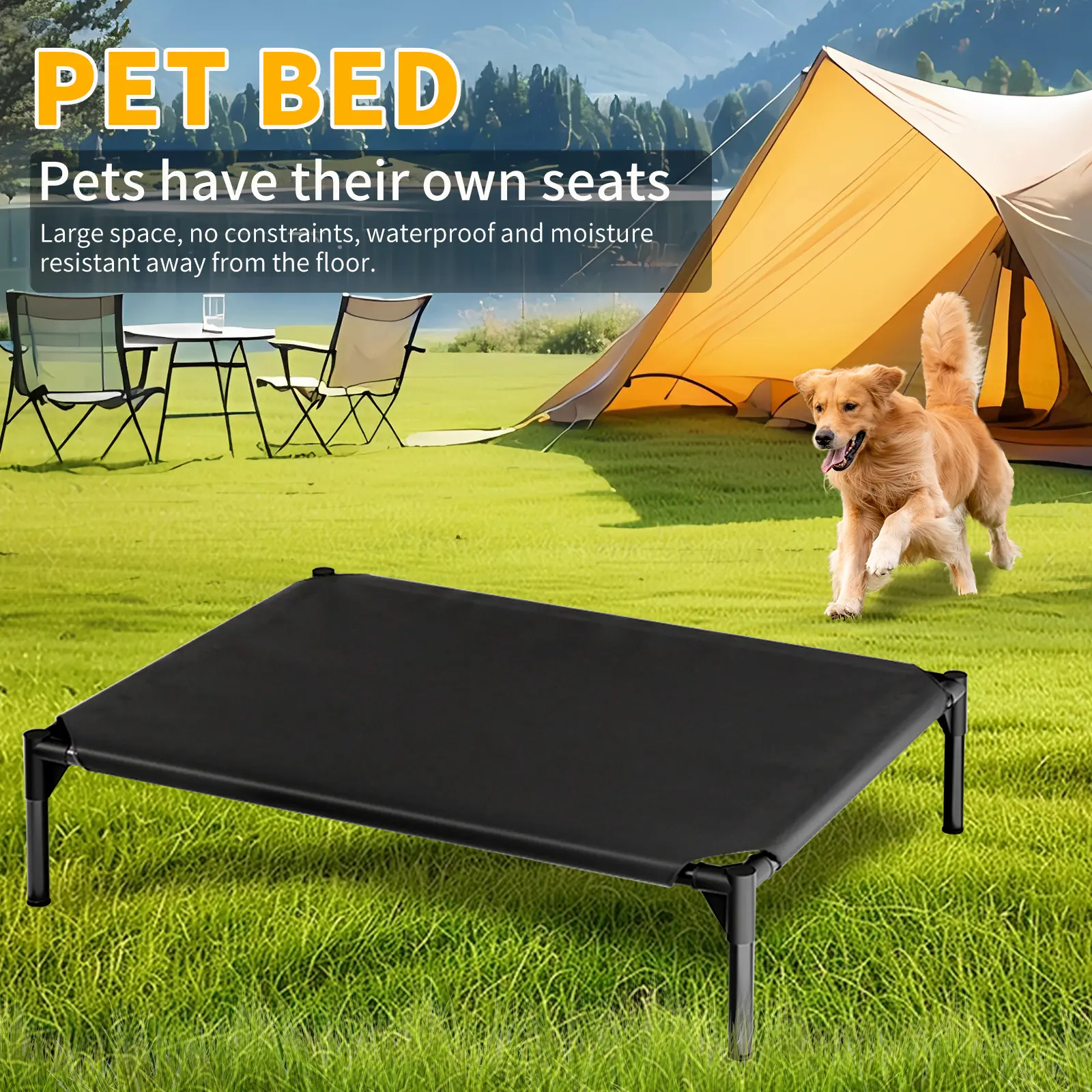 Elevated Raised Dog Bed, Waterproof Breathable Outdoor Camping Pet Cot Bed with Sturdy Metal Frame, Moisture Resistant Off-Ground Cooling Dog Bed, Washable Durable Mesh Fabric Pet Bed for Large Medium Small Dogs & Cats