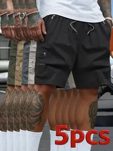 5-Pack Men’s Quick-Dry Cargo Shorts, Elastic Drawstring Waist, Multi-Pocket Utility Casual Shorts with Zippered Pockets, Lightweight Work Shorts for Outdoor Hiking, Travel & Everyday Streetwear