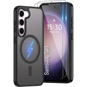 for  Galaxy S23 Case [Compatible with Magsafe] Translucent Matte  Phone Case,Slim Thin Duty Shockproof Protection Cover with 2 count  Screen Protector-Black