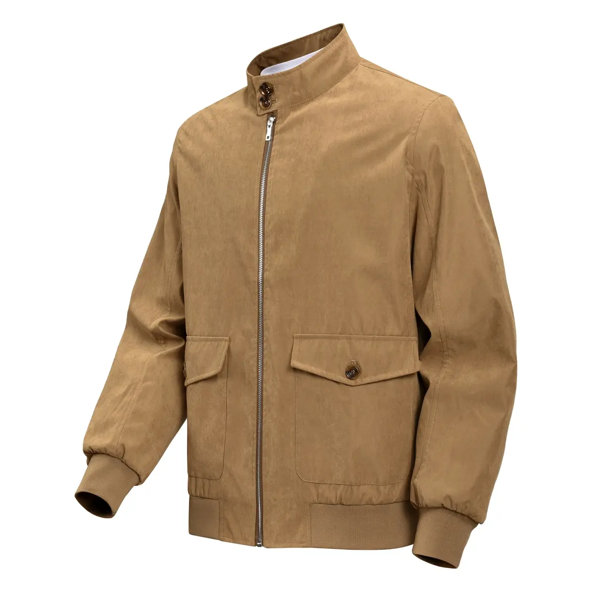 Men Stand Collar Bomber Jacket, Solid Tan Full Zip Harrington Coat with Button Flap Pockets, Ribbed Cuffs & Hem Lightweight Windproof Business Casual Outerwear