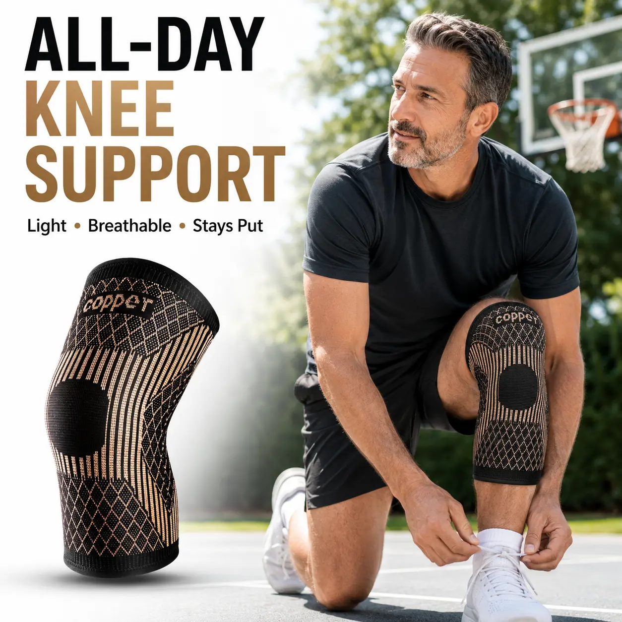 Copper Compression Knee Brace with 360° Support, Adjustable Non-Slip Sleeve for Men & Women for Workouts, Gym Training, Walking, Knee Stabilizer, Anti-Slip Grip