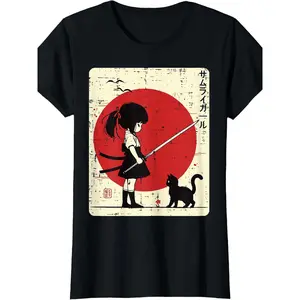 Japanese Samurai Girl Black Cat Kawaii Anime T-Shirt|   Summer Short-Sleeved, Crew Neck, Pure 220G, Vintage Style, Suitable for All Seasons