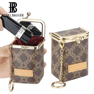 Royal Bagger Women's Mini Chain Cosmetics Case, Signature Coated Canvas & Vegetable-Tanned Cowhide Leather Kiss Lock Purse, Small Makeup Bag with Mirror 5241 Compact