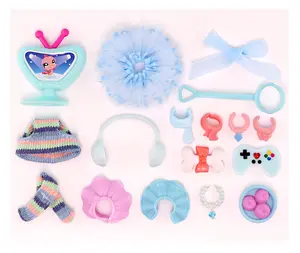 17 pc blue accessories set for mini figures, included tv hat scarf bow skirt collar food game player bundle set for mini cats dogs collie bunny fox toys(B52)