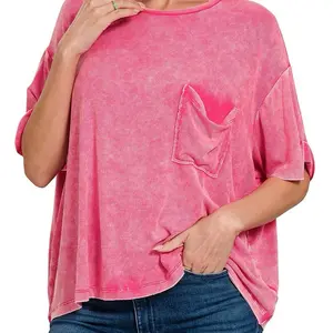 Zenana Oversized Ribbed Washed Acid Tee with Pocket - Casual Women's Top for Summer Comfort - Basic Crewneck Minimalist Violet Style Fit Trendy