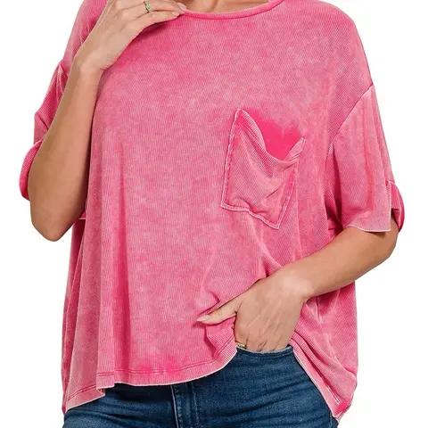 Zenana Oversized Ribbed Washed Acid Tee with Pocket - Casual Women's Top for Summer Comfort - Basic Crewneck Minimalist Violet Style Fit Trendy
