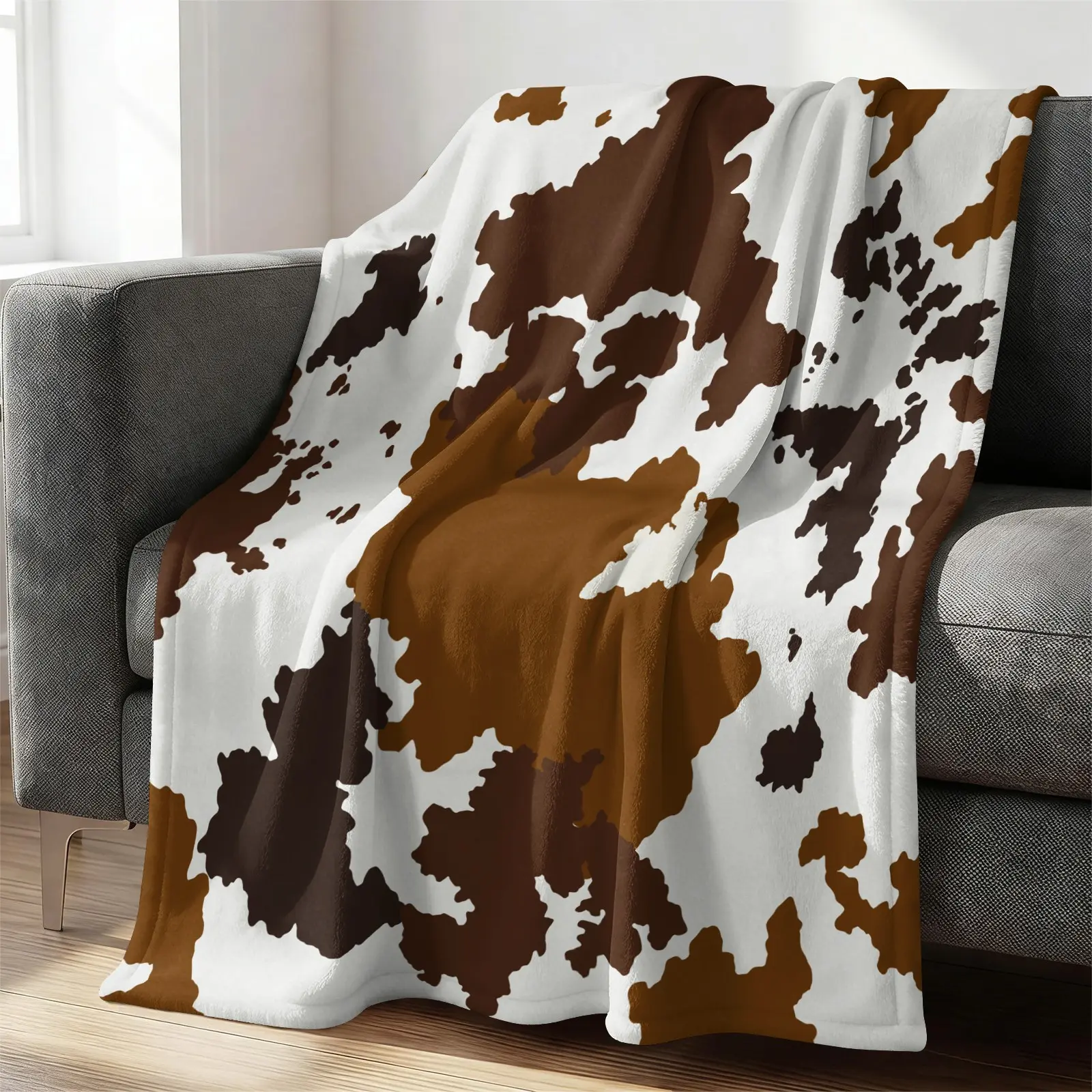 Cow Print Flannel Blanket, Ultra Cozy Farmhouse Throw Blanket, Warm Blanket for Rustic Home, Soft All Seasons Light Brown Cowhide Pattern Gift Blanket, Cozy for Couch Bed Sofa Travel