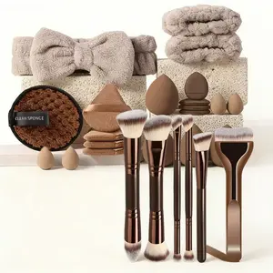 Professional Coffee Color Makeup Brush Set, 26 Pieces, Soft Nylon Bristles, Includes Foundation Blush Concealer Brushes, Beauty Egg