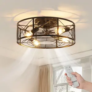 20 Inch Industrial Caged Ceiling Fan with Light, 6 Speed Reversible Motor, Remote Control Timer, Vintage Metal Fandelier with 7 ABS Blades for Bedroom Living Room Kitchen Covered Patio
