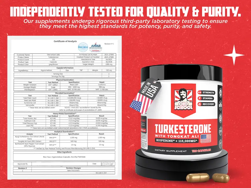Old School Labs Turkesterone for Men with Tongkat Ali & BioPerine - Supports Men’s Fitness, Performance & Vitality Support, 120 Capsules