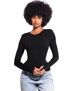 Shapey Crew Neck Top - Black Tshirt Crewneck Womenswear with Built-in Shapewear & Corseted Long Sleeves
