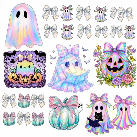 Colorful Kawaii Halloween 3-Design DTF Gang Sheets - 3 Ghosts & Pumpkins, 10 Full-Size 22"x60" Transfers for T-Shirts, Cotton-Blends, Customized Craft Use, Small Businesses, Polyester Surfaces