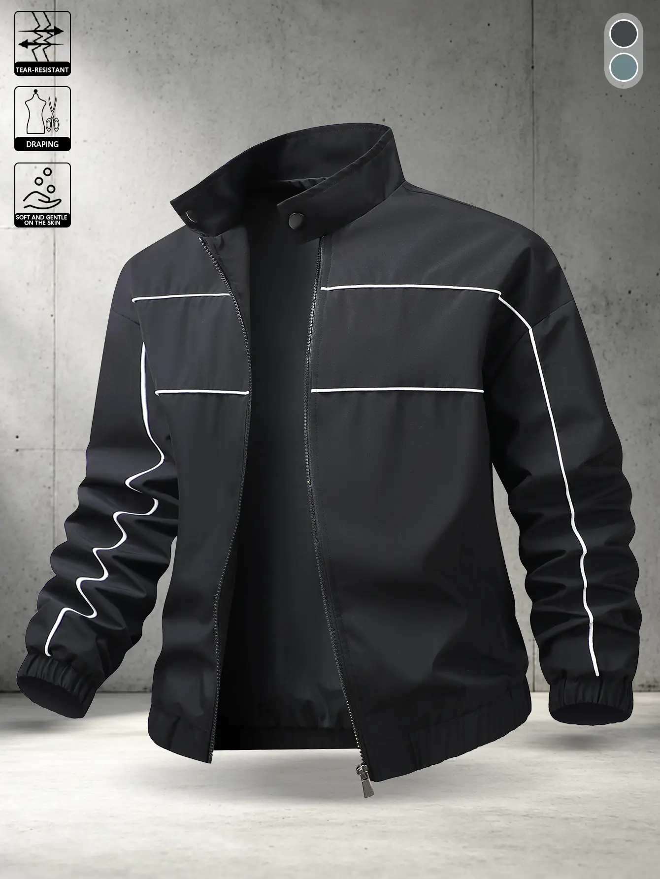 Men’s American-style functional commuter jacket with a slightly relaxed straight cut and dropped shoulders for a 3D silhouette; white horizontal piping across the front chest; designed for commuting between work and home, short trips by car, and city cycl