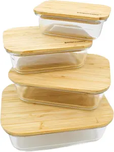 Glass Containers with Lids | Non Plastic Glassware Set -    Wooden  Lids | Set of 4 | ,  |  for Meal Prep, Lunch, Leftovers, Kitchen