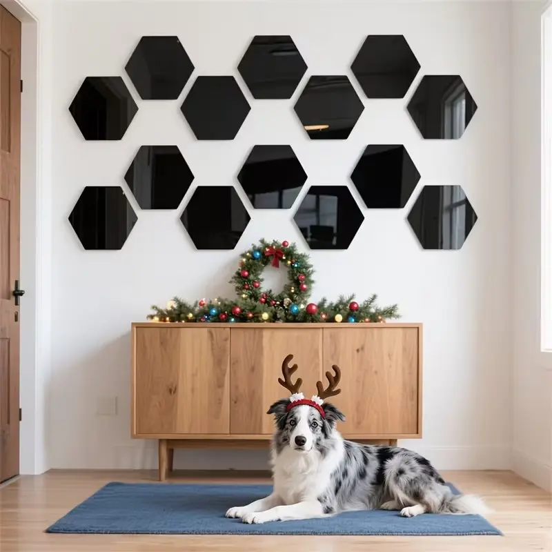 Black hexagonal mirror wall sticker, shatterproof mirror tile flexible decorative sticker, Decoration Sticker, Wall decal, suitable for bathroom, bedroom, wardrobe, party background wall, modern wall art, easy to peel and paste, mirror facial mask