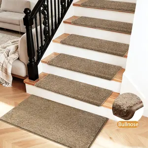 Camel Brown Non Slip Bullnose Stair Carpet Treads, Complete set of stair carpets,Tape-Free Skid Resistant Indoor Step Covers, Durable Reusable Washable Soft Home Stair Protector Rugs Mat