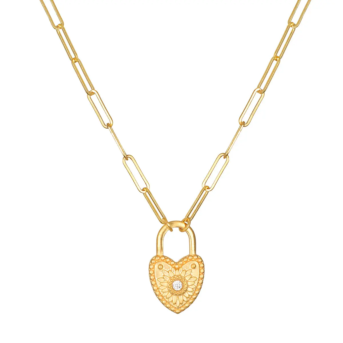 L18 Model Gold-Plated Heart Padlock Necklace - Semiprecious Faceted Gemstone, Classic Casual Adults' Everyday Wear Jewelry Accessory, Heart Shaped Necklace