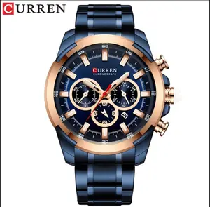 CURREN CR03-03 Men's Chronograph Watch in Stainless Steel with Blue Dial 48mm Round Dial 30m Water-Resistant Quartz Movement